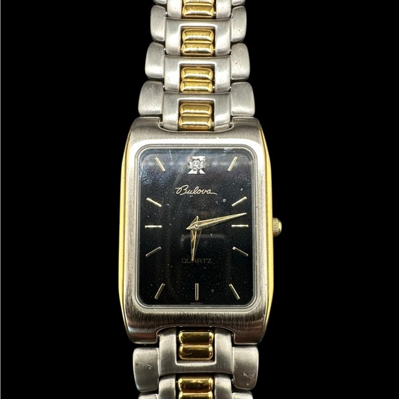 Bulova Two-Tone Rectangular Black Dial Quartz Watch. New old stock. Unused